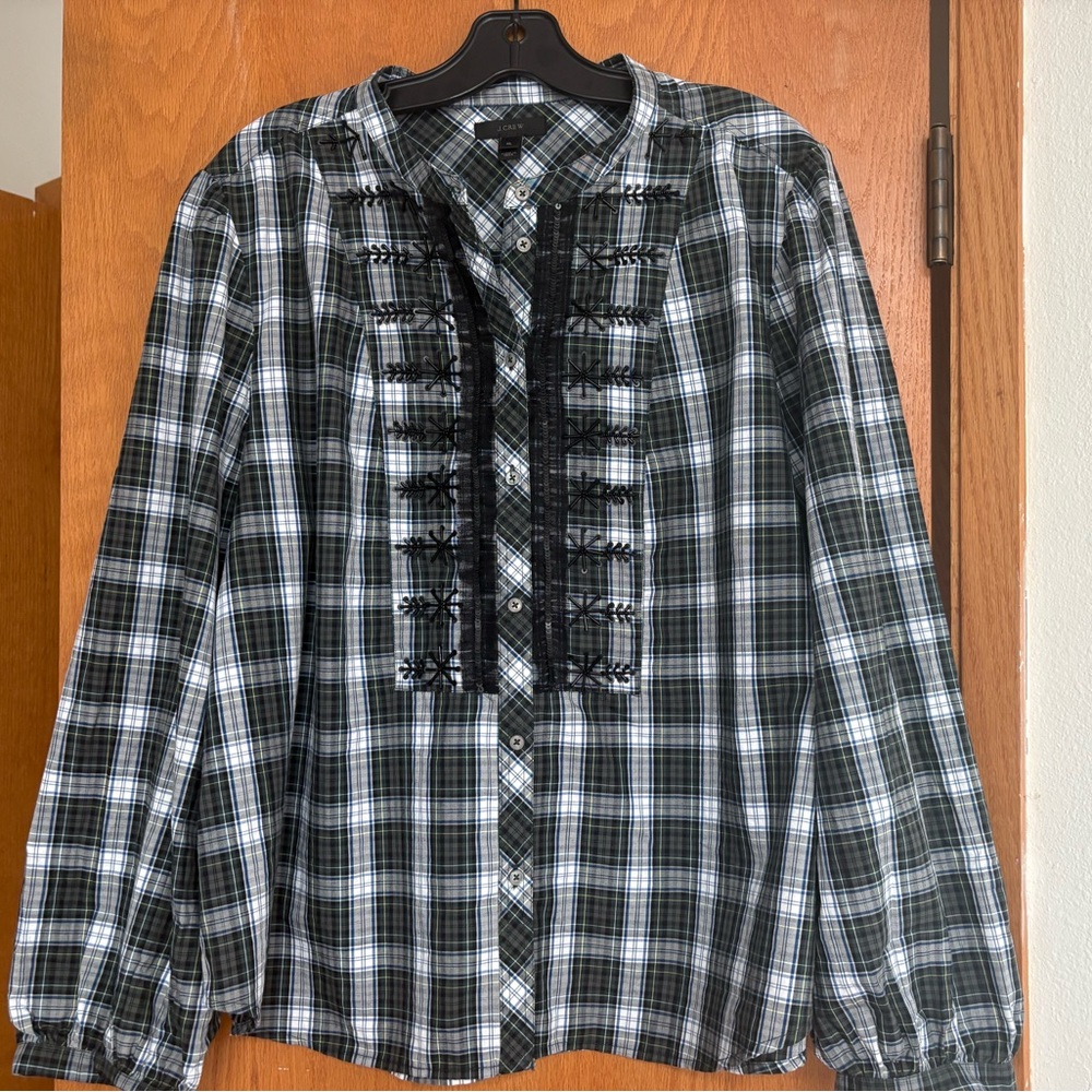 GUC J Crew tartan plaid beaded blouse XL